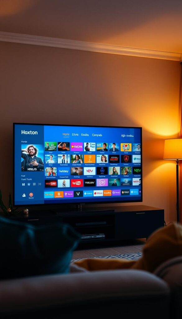 A state-of-the-art IPTV streaming service called Hoxtoon Provider, showcasing a sleek and modern user interface on a high-definition television. The scene depicts the living room of a contemporary UK household, with the TV screen prominently displaying a diverse selection of live channels and on-demand content. The lighting is warm and natural, creating a cozy and inviting atmosphere. The camera angle provides a wide, panoramic view, capturing the seamless integration of the IPTV service into the home environment. The overall impression conveys the evolution of television viewing in the UK, where traditional broadcast is being seamlessly replaced by the convenience and flexibility of a cutting-edge IPTV platform.