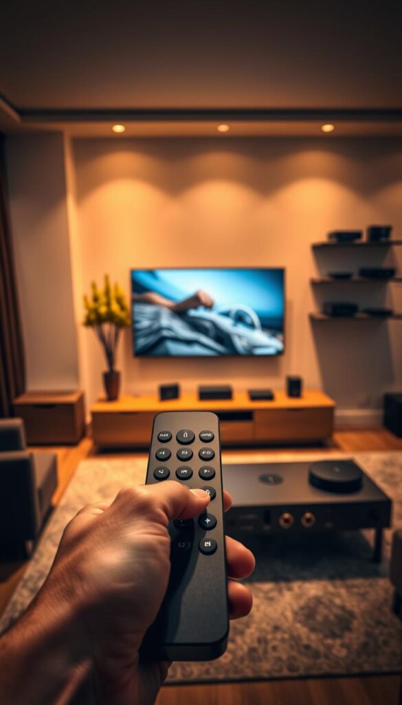A state-of-the-art IPTV streaming setup, showcasing a sleek, modern living room with a large flat-screen television. The room is bathed in warm, ambient lighting, creating a cozy and immersive atmosphere. In the foreground, a hand holds a minimalist remote control, symbolizing the effortless control over the Hoxtoon Provider IPTV service. The middle ground features a high-end media center with various input and output ports, hinting at the versatility and connectivity of the system. In the background, a wall-mounted shelf displays a collection of streaming devices, underscoring the comprehensive nature of the IPTV setup. The overall scene conveys a sense of technological sophistication and a seamless, enjoyable IPTV viewing experience.