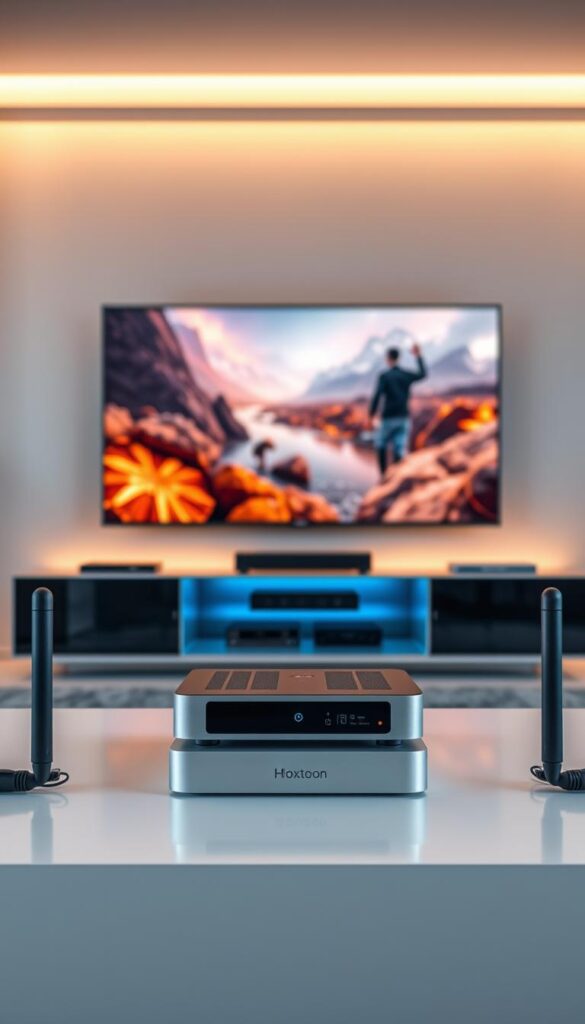 A state-of-the-art IPTV streaming technology system with sleek, modern components. A Hoxtoon Provider set-top box stands prominently in the foreground, surrounded by a cable-free, minimalist home entertainment setup. In the middle ground, a large, high-definition TV displays crisp, vibrant visuals, immersing the viewer in a cinematic experience. The background features a clean, minimalist living room, bathed in warm, diffused lighting that creates a cozy, inviting atmosphere. The overall scene conveys the convenience, quality, and innovative nature of the Hoxtoon IPTV service, catering to the needs of discerning modern viewers.