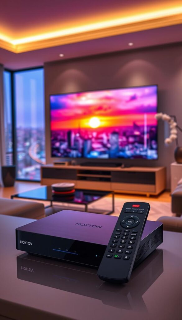 A state-of-the-art IPTV system by Hoxtoon Provider, with a sleek media box and remote control in the foreground. In the middle ground, a modern living room setup showcases the seamless integration of the IPTV technology, displaying a vibrant, high-definition image on a large flat-screen TV. The background features a cityscape, hinting at the widespread adoption and rising popularity of this innovative entertainment platform. The scene is illuminated by warm, diffused lighting, creating a cozy and inviting atmosphere.