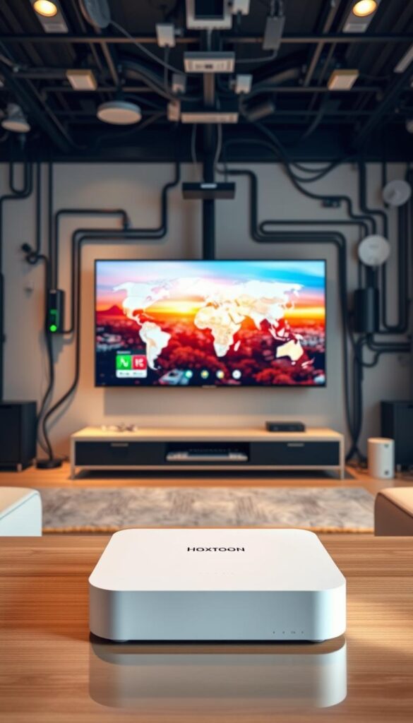 A state-of-the-art IPTV technology hub, showcasing a sleek and modern design. In the foreground, a Hoxtoon Provider set-top box with a minimalist aesthetic, blending seamlessly into a minimalist living room environment. The middle ground features a large, high-definition television screen displaying vibrant, globally diverse content. In the background, a sophisticated network of cables, routers, and satellite dishes, illustrating the complex infrastructure that powers this revolutionary television experience. Soft, diffused lighting creates a warm and inviting atmosphere, highlighting the seamless integration of technology and home entertainment.