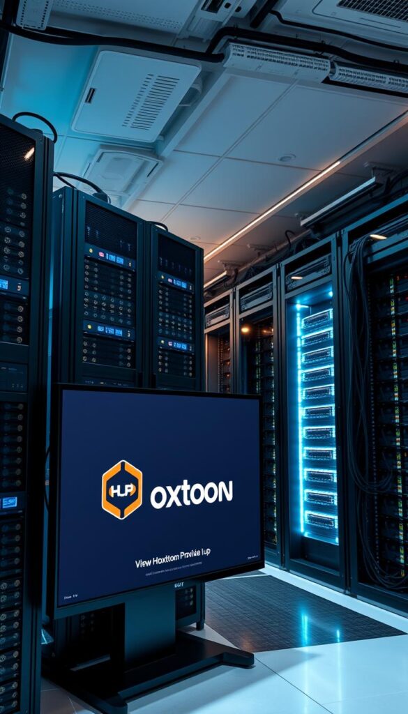 A state-of-the-art IPTV technology hub, showcasing the Hoxtoon Provider service. The scene depicts a modern, well-equipped data center with rows of sleek server racks, LED-lit panels, and intricate cabling. Subtle ambient lighting casts a warm, futuristic glow, while a large display screen in the foreground showcases the Hoxtoon Provider brand and service details. The overall atmosphere conveys a sense of reliability, innovation, and the growing prominence of IPTV solutions in the digital landscape.