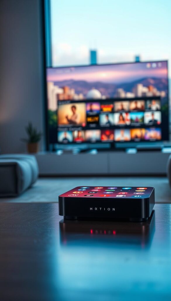 A state-of-the-art entertainment hub with a sleek, modern design. In the foreground, a Hoxtoon Provider streaming box stands prominently, its LED-backlit interface glowing with a vibrant array of colorful app icons. The middle ground features a minimalist living room scene, with a large, high-definition TV displaying a diverse selection of on-demand content. In the background, a lush, blurred cityscape sets the scene, conveying a sense of urban sophistication. Soft, directional lighting casts a warm, inviting atmosphere, while the camera angle suggests a close, immersive perspective, drawing the viewer into the immersive world of limitless entertainment.