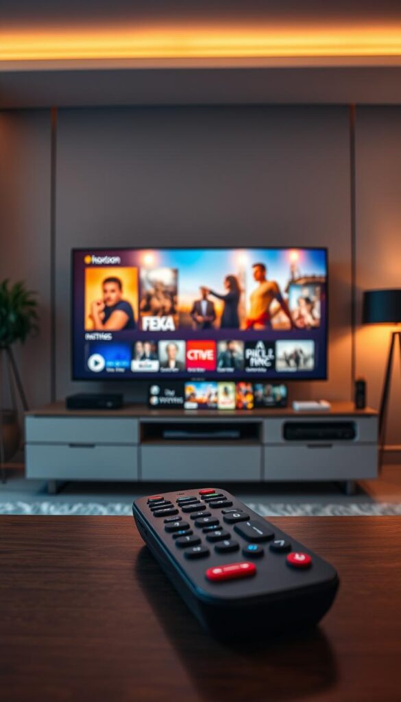 A state-of-the-art entertainment hub with the Hoxtoon Provider IPTV service prominently displayed. In the foreground, a sleek, modern television set showcases a vibrant, high-definition display of on-demand content, with a visually appealing user interface. The middle ground features a stylized remote control, evoking the ease of access to a vast library of over 150,000 video-on-demand titles. The background scene depicts a stylish, minimalist living room setting, bathed in warm, ambient lighting, creating a cozy and inviting atmosphere for immersive entertainment experiences.