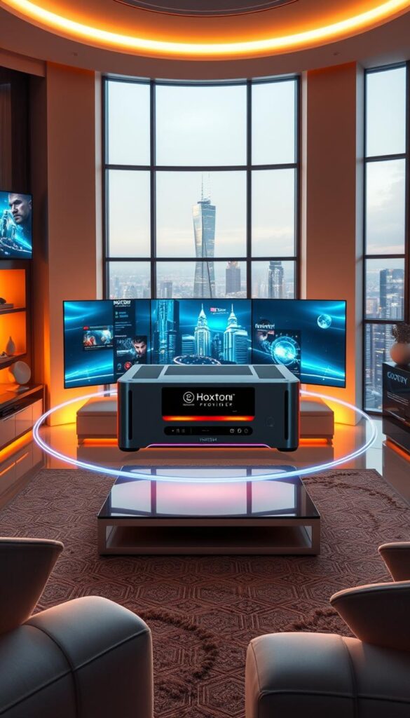A state-of-the-art entertainment system levitates in a futuristic living room, surrounded by holographic displays and projection screens. Sleek, metallic Hoxtoon Provider device sits at the center, its glowing interface hinting at boundless entertainment possibilities. Warm, ambient lighting creates a cozy, immersive atmosphere, while large windows offer a glimpse of a gleaming, high-tech cityscape in the background. The scene exudes a sense of seamless integration between technology and modern living, showcasing the future-proof entertainment experience delivered by a Hoxtoon Provider lifetime subscription.