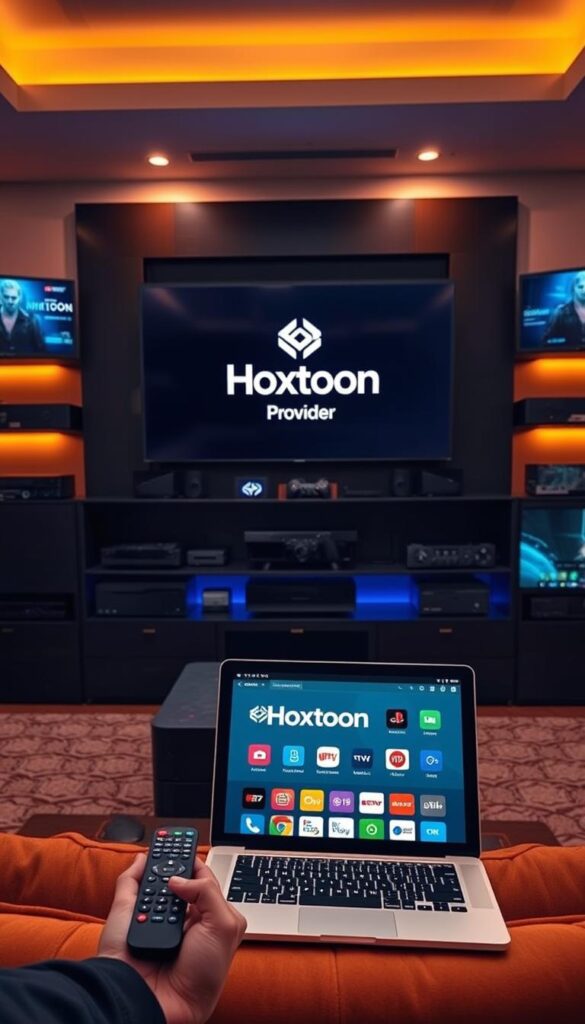 A state-of-the-art home theater setup with a sleek black entertainment center showcasing the "Hoxtoon Provider" logo. The center is surrounded by a collection of premium IPTV devices, including high-end streaming boxes, smart TVs, and gaming consoles, all connected and ready to deliver an unparalleled viewing experience. The room is bathed in warm, ambient lighting, creating a cozy and inviting atmosphere. In the foreground, a remote control and a laptop or tablet display the Hoxtoon interface, highlighting the seamless integration of the service. The overall scene conveys the convenience, reliability, and premium quality of the Hoxtoon lifetime IPTV offering.