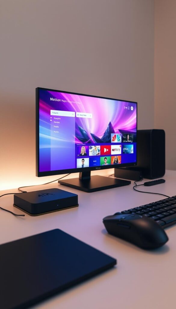 A state-of-the-art streaming technology setup, featuring a Hoxtoon Provider IPTV device prominently displayed on a modern, minimalist desk. The device is surrounded by sleek peripherals, including a high-end gaming mouse and keyboard, and a high-resolution monitor displaying a vibrant, immersive streaming interface. Soft, diffused lighting illuminates the scene, creating a warm, inviting atmosphere. The composition emphasizes the seamless integration of technology, conveying the ease and convenience of the Hoxtoon Provider IPTV experience for Roku users.