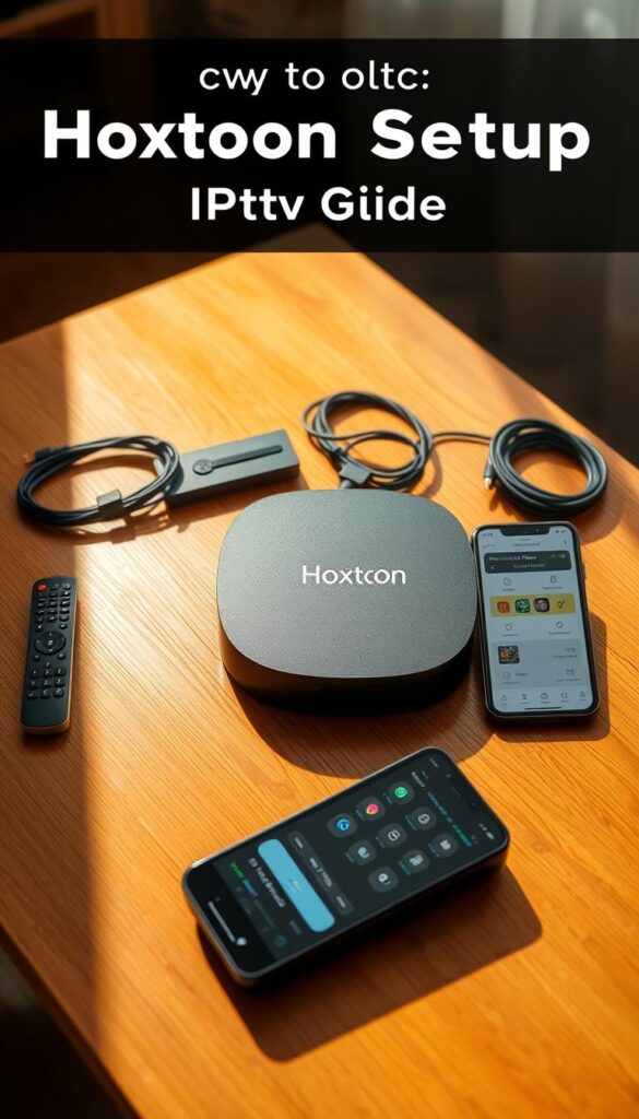 A step-by-step setup guide for the Hoxtoon IPTV service, showcasing a sleek and modern IPTV box on a wooden table. The box is surrounded by essential cables, remote control, and a mobile device displaying the Hoxtoon app. The scene is bathed in warm, natural lighting, creating a welcoming and informative atmosphere. The image should convey a sense of ease and simplicity in setting up the Hoxtoon IPTV service, catering to the budget-conscious user.