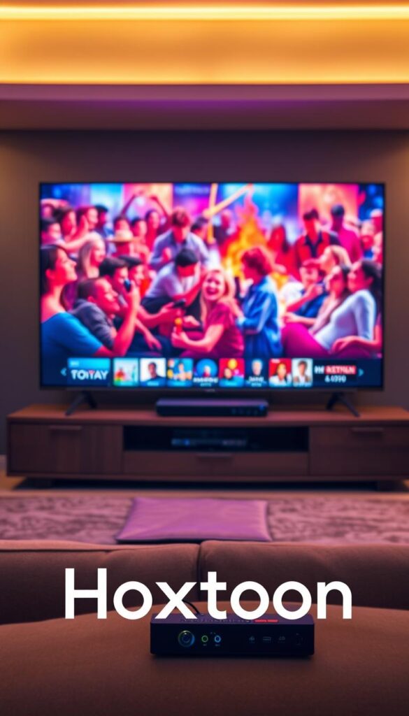 A streaming IPTV service with seamless, uninterrupted playback. A large, high-definition display shows vivid, vibrant footage of a popular TV show or movie, with no buffering or freezing. In the foreground, the Hoxtoon Provider logo is prominently displayed, conveying reliability and quality. The scene is bathed in warm, cinematic lighting, creating a cozy, immersive atmosphere. The middle ground features a sleek, minimalist media center or streaming device, symbolizing the technology powering the smooth IPTV experience. The background showcases a modern, stylish living room setting, further emphasizing the comfortable, high-end nature of the viewing environment.