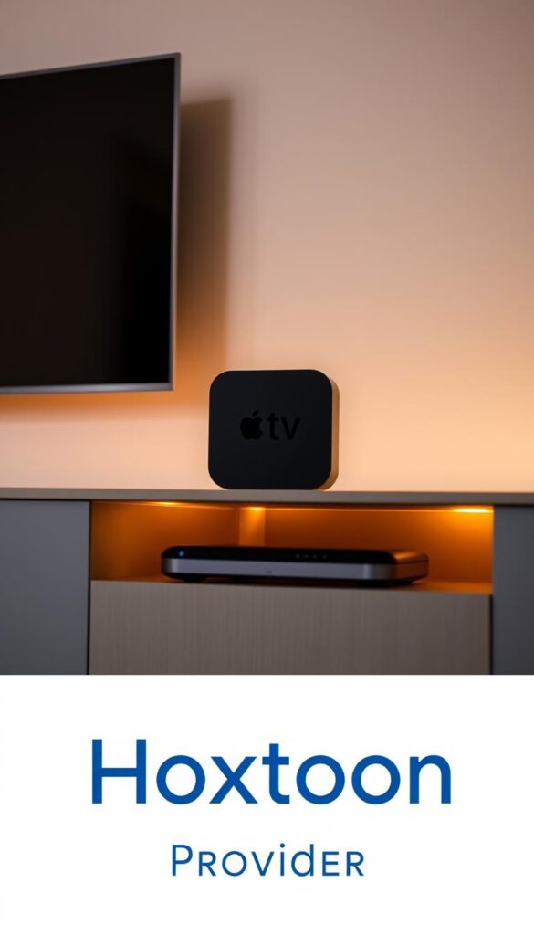 A stylish Apple TV device sitting atop a sleek, minimalist entertainment unit, casting a warm glow from its backlit interface. In the foreground, a high-quality IPTV streaming service logo, prominently displayed - "Hoxtoon Provider". The room is softly lit, creating a cozy and inviting atmosphere, perfect for immersive media consumption. The overall scene conveys the seamless integration of cutting-edge technology and premium content delivery, making Apple TV the ideal platform for IPTV streaming.