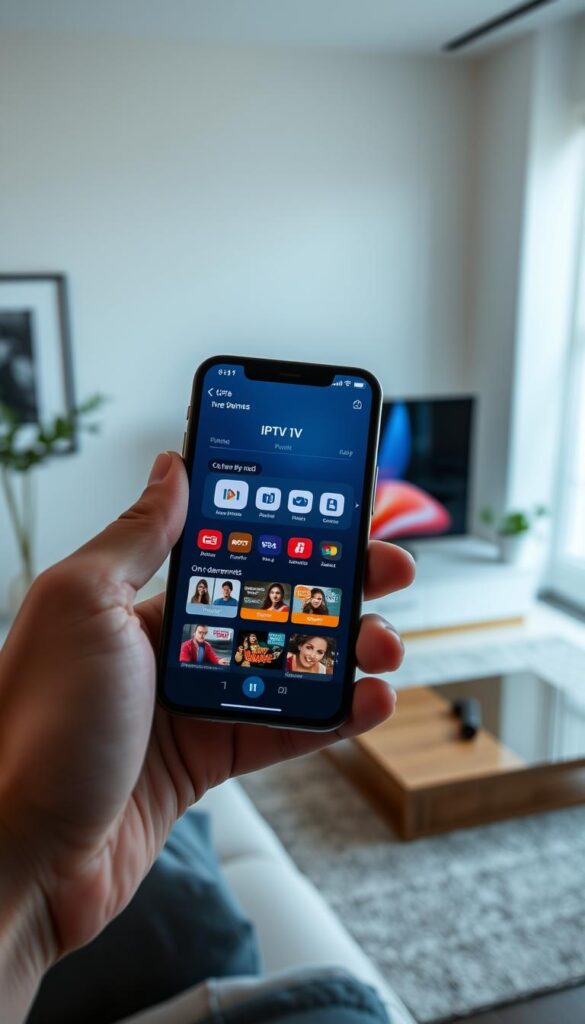 A stylish iPhone displaying the Hoxtoon Provider IPTV app interface. The device is held in a well-lit, modern setting with minimalist decor and clean lines. The app showcases a clean, intuitive design with easy navigation, live TV channels, and on-demand content. The iPhone's glass surface reflects the dynamic IPTV interface, creating a sleek, high-tech atmosphere. Subtle shadows and balanced lighting accentuate the device's premium feel. The composition emphasizes the seamless integration of IPTV technology with the iOS ecosystem, highlighting the convenience and accessibility of Hoxtoon Provider's IPTV services on iPhone.