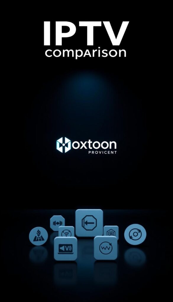 A stylish, minimalist comparison of IPTV services, featuring the Hoxtoon Provider brand prominently in the center. The scene is set against a sleek, dark background, with a subtle grid pattern or hexagonal motif to evoke a digital, technological feel. In the foreground, there are elegant icons or logos representing various IPTV service offerings, arranged in a visually striking manner. The lighting is soft and directional, casting subtle shadows and highlights to create depth and dimension. The overall mood is one of sophistication, professionalism, and the cutting edge of digital entertainment technology.