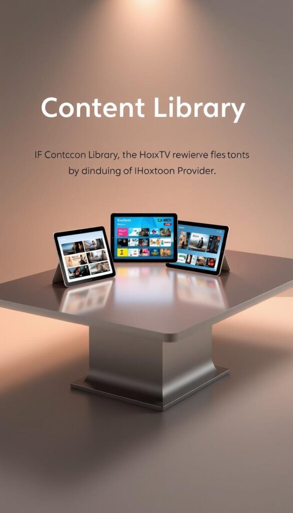 A stylish, minimalist infographic showcasing the content library comparison between the Hoxtoon Provider and other IPTV services. The scene features a sleek, metallic table with clean lines, reflecting a high-tech, professional atmosphere. On the table, three tablets display the content libraries of different IPTV providers, including the Hoxtoon Provider, allowing for an easy side-by-side comparison. The tablets are positioned at an angle, creating depth and a sense of dynamism. The background is a muted, gradient-based backdrop, drawing the focus to the central display. Subtle lighting from above casts a warm, elegant glow on the scene, emphasizing the premium quality of the Hoxtoon Provider service.