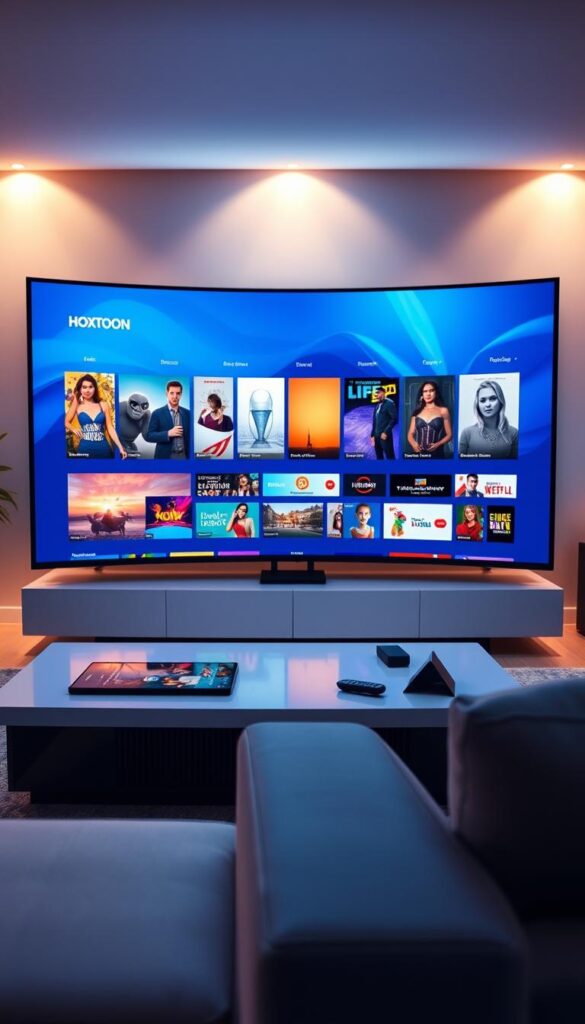 A stylized and visually striking image of a sleek, modern living room showcasing the entertainment offerings of the Hoxtoon Provider streaming service. In the foreground, a large, curved OLED television dominates the scene, its screen displaying a vibrant and diverse array of on-demand content. The middle ground features a contemporary, minimalist coffee table adorned with a tablet and remote control, hinting at the seamless integration of the Hoxtoon platform. The background is illuminated by warm, diffused lighting, creating a cozy and inviting atmosphere. The overall composition conveys a sense of high-end, sophisticated entertainment tailored for the discerning expat viewer.