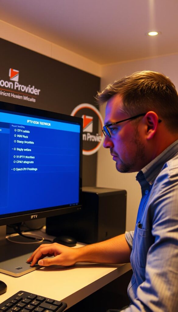 A technician examining a desktop computer displaying IPTV troubleshooting steps on the screen. The scene is lit by a combination of warm overhead lighting and the cool glow of the monitor. The technician is dressed in a casual button-down shirt and has a focused expression as they navigate the IPTV settings. In the background, a Hoxtoon Provider logo is prominently displayed, indicating the IPTV service being troubleshot. The overall atmosphere conveys a sense of problem-solving and technical expertise.