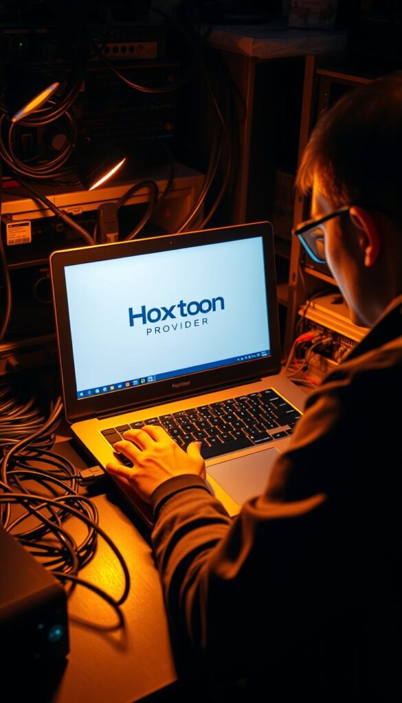 A technician examining a laptop displaying IPTV troubleshooting diagnostics, surrounded by network cables, routers, and other technical equipment. The scene is illuminated by a warm, focused light, casting shadows that add depth and drama. The Hoxtoon Provider logo is prominently displayed on the laptop's screen, reflecting the subject's focus on resolving IPTV issues. The overall atmosphere conveys a sense of problem-solving and technical expertise.