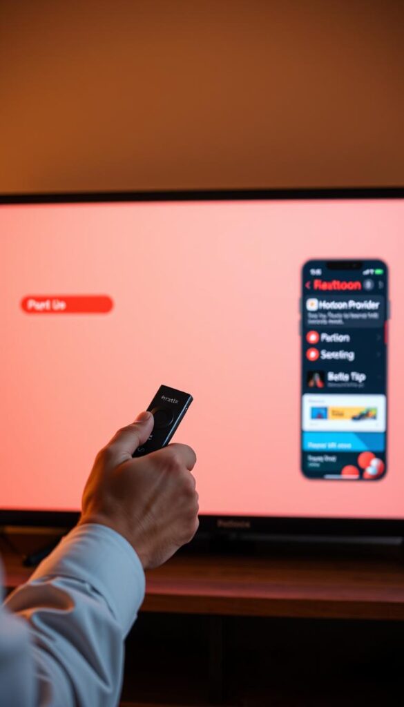 A technician troubleshooting a Firestick device, close-up view of hands navigating the Hoxtoon Provider app interface on the TV screen, warm lighting, realistic details, clean minimalist style, focus on the device and app, no distracting background elements.