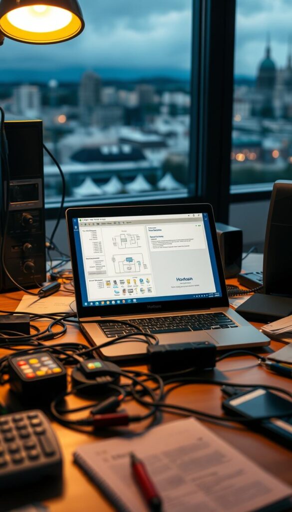 A technician's workstation, illuminated by warm, task-focused lighting, displays a laptop connected to a Hoxtoon Provider IPTV setup. Diagnostic tools, cables, and troubleshooting guides litter the desk, creating an atmosphere of focused problem-solving. In the middle ground, a schematic diagram and error logs provide clues to the IPTV issue at hand. The background features a blurred cityscape, hinting at the broader context of delivering reliable IPTV services in Germany.