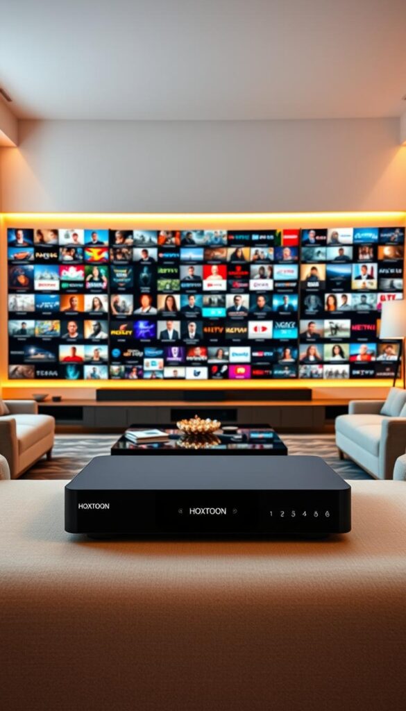 A vast IPTV service spread out across a sleek, modern living room. In the foreground, a high-end HOXTOON Provider device sits prominently, its clean design and intuitive interface inviting interaction. The middle ground features a large, ultra-high-definition television displaying a breathtaking array of over 21,000 channels from around the world, catering to the diverse tastes of Canadian viewers. The background showcases a stylish, minimalist decor, with warm lighting accentuating the sophisticated ambiance. The scene conveys a sense of seamless entertainment, boundless content, and the power of IPTV technology to transform the home viewing experience.
