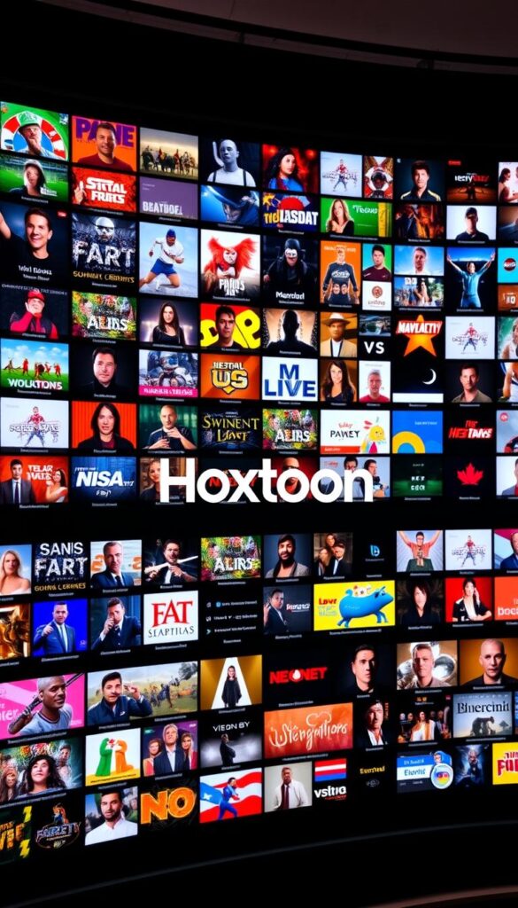A vast and vibrant IPTV content library, showcasing the Hoxtoon Provider's expansive offering. A sleek, modern interface displays rows of genre-specific thumbnails, inviting exploration. The middle ground features a curated selection of popular channels, while the background reveals a diverse array of live and on-demand entertainment options. Subtle lighting accentuates the crisp, high-definition visuals, creating an immersive and visually captivating experience. The Hoxtoon Provider logo prominently displayed, conveying a sense of quality and professionalism.