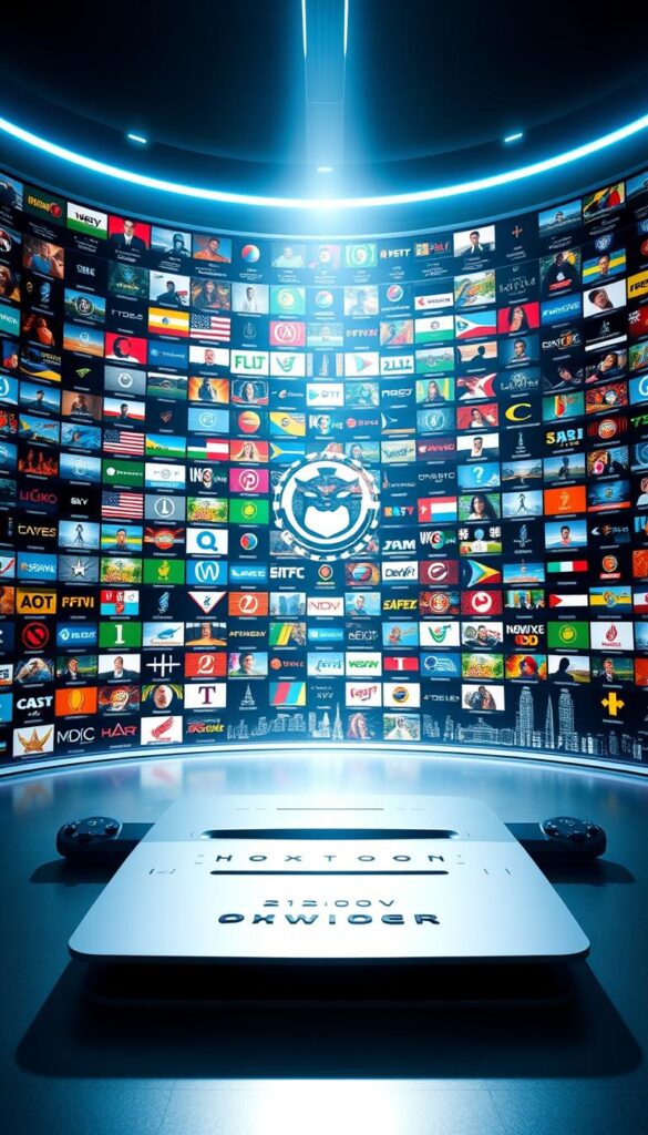 A vast array of IPTV channels cascading across a sleek, high-tech interface. In the foreground, the Hoxtoon Provider logo shines, surrounded by a mosaic of live video feeds showcasing a diverse selection of over 21,000 channels. The middle ground features a clean, minimalist design with intuitive controls, allowing seamless navigation through the extensive channel list. In the background, a subtle, futuristic cityscape sets the scene, hinting at the global reach and connectivity of this IPTV service. Lighting is crisp and dynamic, casting a sense of energy and innovation. The overall mood is one of sophistication, technological prowess, and the abundance of entertainment options at the user's fingertips.