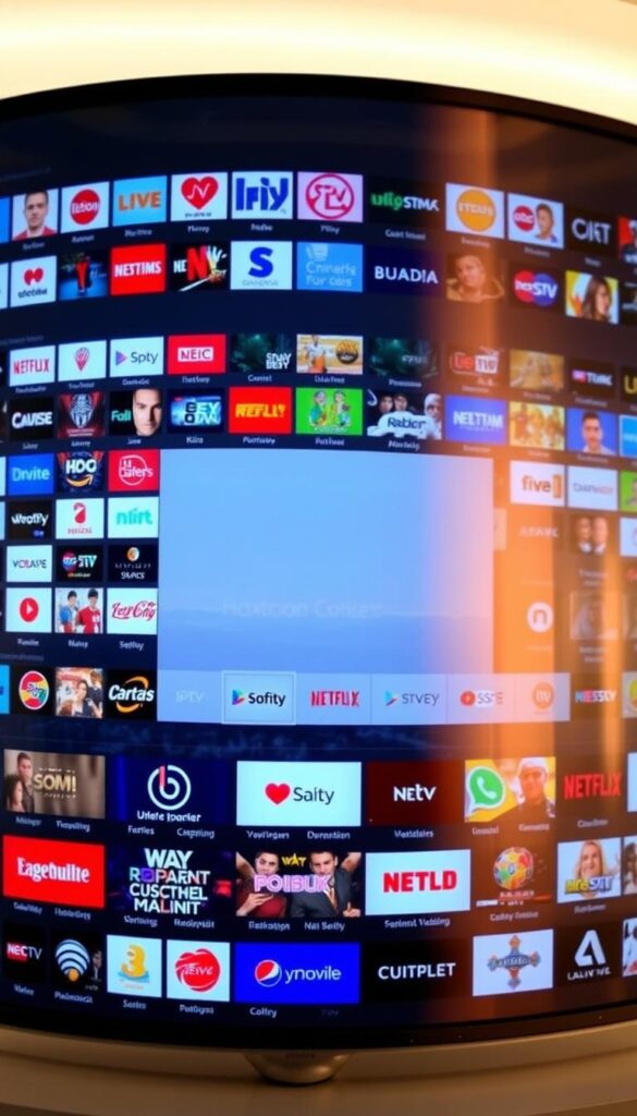 A vast array of IPTV channels displayed on a large, high-resolution screen, showcasing the Hoxtoon Provider's unparalleled content library. The screen is bathed in a warm, cinematic lighting, with a sleek, modern aesthetic. In the foreground, a diverse selection of channel logos and thumbnails are prominently featured, hinting at the breadth of content available. The middle ground features a clean, minimalist user interface, highlighting the seamless navigation and organization of the Hoxtoon IPTV platform. In the background, a subtle, blurred cityscape or landscape adds depth and a sense of place, evoking a global reach and accessibility. The overall composition conveys a sense of quality, technology, and the vast, diverse content that Hoxtoon Provider offers its users.