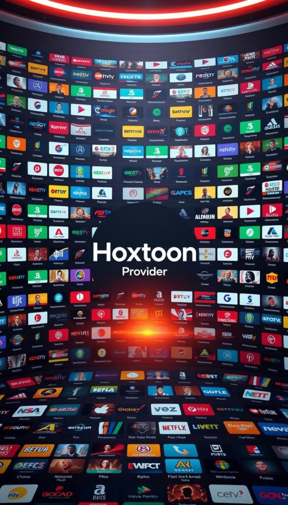 A vast array of digital channels spread across a sleek, futuristic interface. At the center, the Hoxtoon Provider logo shines, surrounded by rows of colorful channel icons in a stylish, minimalist layout. The scene is bathed in a soft, warm lighting that lends a sense of sophistication and technological prowess. In the background, a subtle grid pattern adds depth and structure, hinting at the sheer scale and organization of Hoxtoon's impressive 21,000+ channel selection. The overall composition conveys a sense of abundance, quality, and the future of IPTV entertainment.
