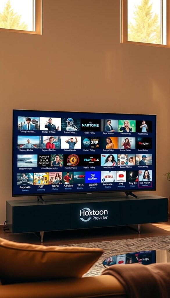 A vast array of high-definition IPTV channels displayed on a sleek, minimalist TV screen. The screen is positioned in a modern, well-lit living room, with warm, natural lighting filtering through large windows. The channels showcase a diverse range of content, from news and sports to movies and entertainment, all with crystal-clear resolution and vibrant colors. The Hoxtoon Provider logo is subtly incorporated into the design, adding a touch of branding to the scene. The overall atmosphere is one of comfort, technology, and an expansive, curated entertainment experience.