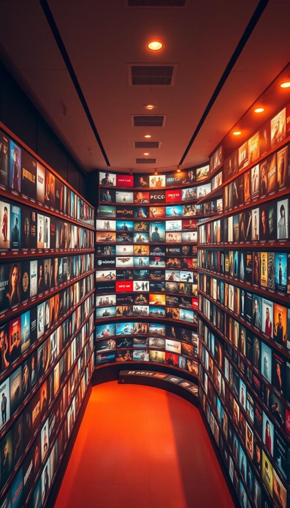 A vast digital entertainment hub, Hoxtoon Provider's content library showcases a sprawling array of movies, TV shows, live channels, and more. In a sleek, well-organized interface, an infinite expanse of visual delights unfolds, captured in a cinematic wide-angle shot. Warm, diffused lighting illuminates the extensive catalog, its vibrant thumbnails and tantalizing titles beckoning the viewer to explore. The scene exudes a sense of boundless possibilities, inviting the user to dive into Hoxtoon's unmatched entertainment ecosystem, where endless hours of captivating content await.