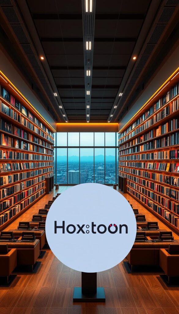 A vast, modern library filled with endless entertainment options, the Hoxtoon VOD Library stands as a cinematic oasis. Sleek shelves stretch across a spacious, well-lit interior, housing over 150,000 movies and shows in crisp 4K resolution. Warm, ambient lighting bathes the scene, creating a cozy, inviting atmosphere. In the foreground, the Hoxtoon Provider logo stands prominently, a symbol of the platform's commitment to legal and high-quality content. Rows of comfortable seating invite viewers to immerse themselves in the boundless selection, from the latest blockbusters to classic films and captivating series. The middle ground showcases a diverse array of genres, catering to every cinematic taste. In the background, a panoramic window offers a scenic vista, hinting at the global reach of this comprehensive video-on-demand library.