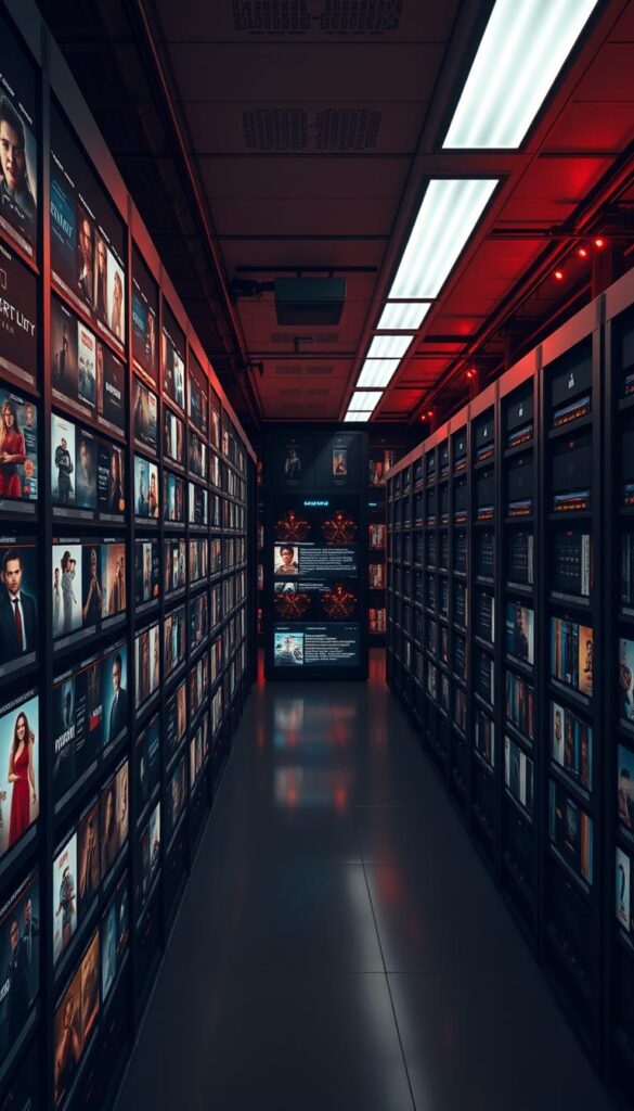 A vast, sleek, and visually captivating Hoxtoon VOD Library. The foreground showcases a curated selection of popular movie and TV show thumbnails, each with a distinct and alluring design. In the middle ground, a clean and intuitive user interface, with a sophisticated dark-mode theme and minimalist navigation. The background reveals a panoramic view of a state-of-the-art media server room, with rows of high-performance hardware and glowing indicator lights, exuding a sense of technological prowess. The lighting is warm and cinematic, creating a cozy and immersive atmosphere. Shot with a wide-angle lens to capture the scale and grandeur of the Hoxtoon Provider's extensive on-demand offerings.