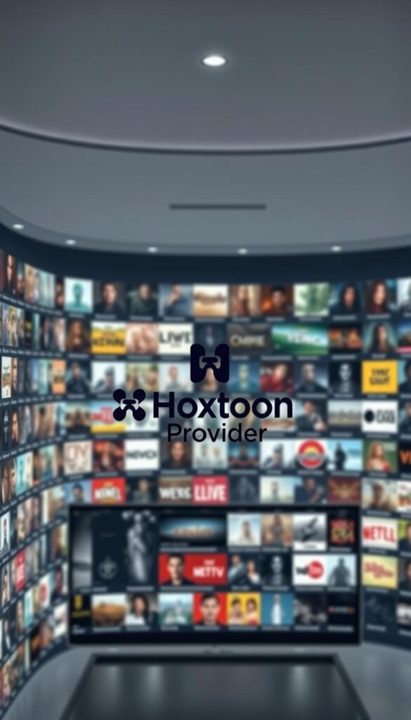 A vast, sleek digital library of IPTV content, showcased against a modern, minimalist backdrop. Rows of thumbnails depicting a diverse array of movies, TV shows, live channels, and more, neatly organized and easily navigable. In the center, the Hoxtoon Provider logo stands out, its bold design conveying a sense of authority and expertise in the IPTV space. Soft, diffused lighting illuminates the scene, creating a sense of depth and dimension. The overall atmosphere is one of efficiency, accessibility, and the promise of endless entertainment at the user's fingertips.
