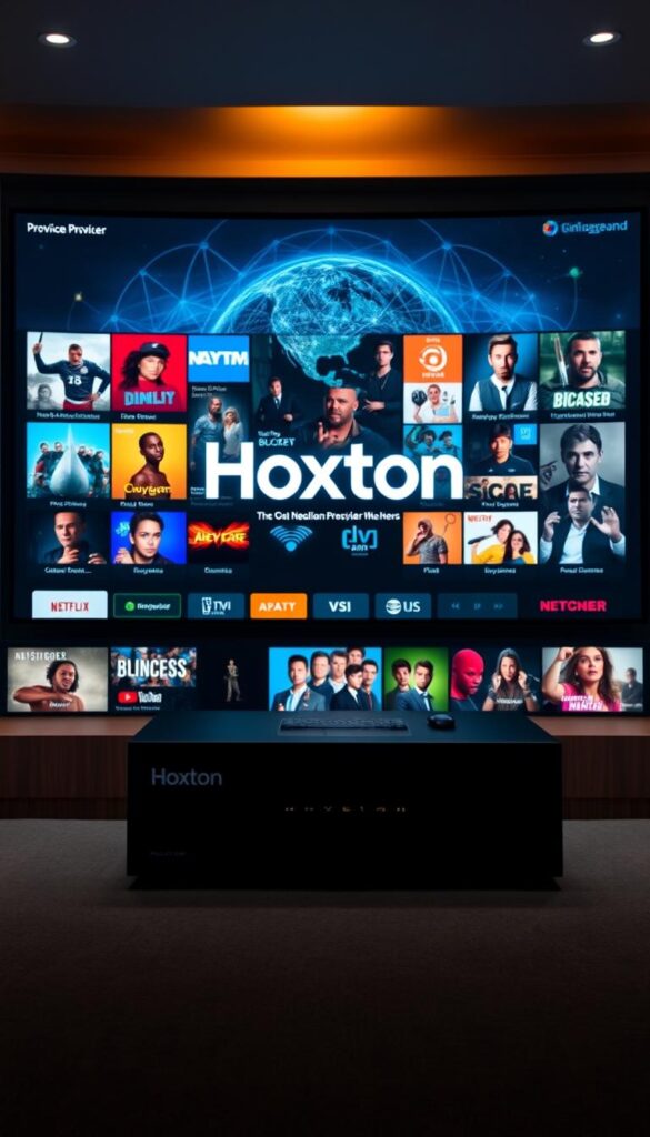 A vast, sleek media center interface with the Hoxtoon Provider brand prominently displayed. The foreground showcases a diverse array of high-definition channels and on-demand content, effortlessly accessible without the need for a VPN. The middle ground features intuitive navigation controls and a clean, modern design. In the background, a subtle network visualization pulses, conveying the seamless, global connectivity that powers Hoxtoon's extensive content library. Warm, diffused lighting creates a sense of quality and reliability, inviting the viewer to explore Hoxtoon's vast media offerings.