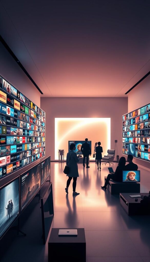 A vast, sleek media hub showcases the expansive IPTV premium lifetime offering from Hoxtoon Provider. In the foreground, rows of colorful channel icons and video thumbnails fill the screen, representing the impressive 21,000+ live channels and 150,000+ on-demand titles. The middle ground features stylized silhouettes of people enjoying content on various devices, conveying the breadth of compatibility. The background depicts a stylish, minimalist environment with clean lines and a subtle glow, creating a sense of premium quality and sophisticated technology. Lighting is soft and diffused, with a cinematic tone that enhances the premium feel. The overall scene exudes a sense of vast entertainment possibilities and seamless, high-quality streaming experiences.