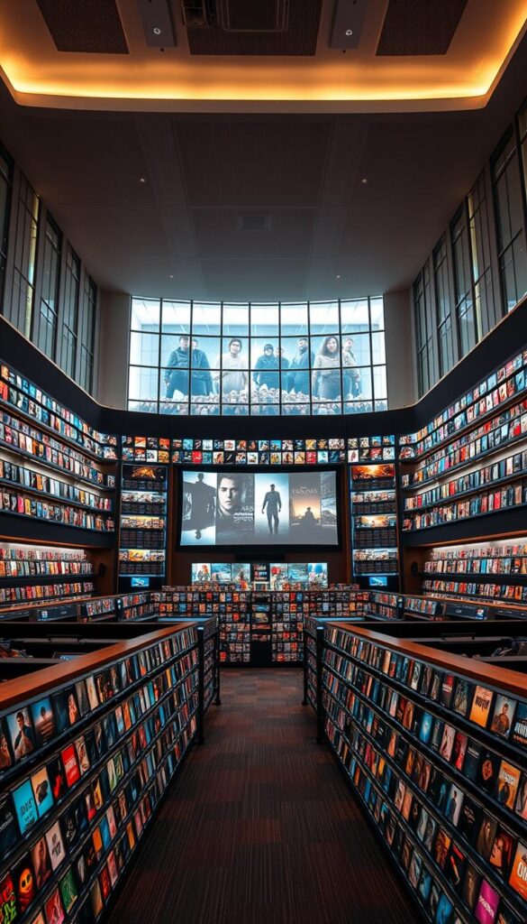 A vast, well-lit entertainment center showcasing the Hoxtoon Provider's expansive VOD library. In the foreground, rows of stylish, backlit shelves display thousands of movie and TV show covers, their vibrant colors and eye-catching designs inviting exploration. In the middle ground, a large, curved projection screen displays film previews and trailers, creating an immersive cinematic atmosphere. The background features sleek, modern architecture with floor-to-ceiling windows, allowing natural light to flood the space and accentuate the premium, high-tech ambiance. The overall scene conveys a sense of abundance, quality, and a premium entertainment experience.