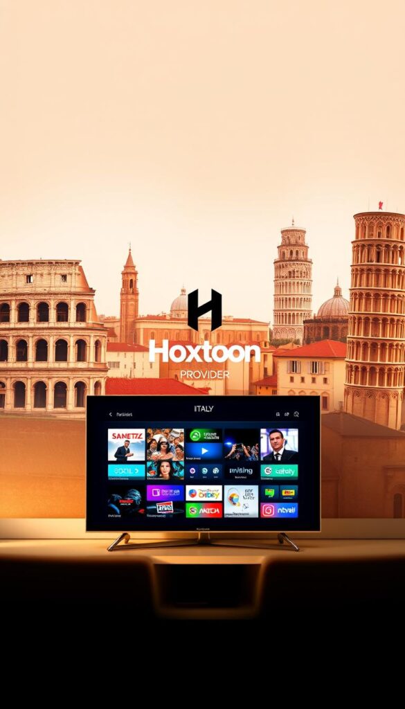 A vibrant and captivating display of the diverse IPTV Italy channel offerings. In the foreground, a sleek and modern smart TV showcases a curated selection of live Italian broadcasts, ranging from news and sports to entertainment and culture. The middle ground features the Hoxtoon Provider logo, conveying the reliable and high-quality streaming service powering the IPTV experience. In the background, a stylized cityscape of Italy's iconic landmarks, such as the Colosseum and the Leaning Tower of Pisa, creates a visually stunning and immersive setting. The image is bathed in warm, natural lighting, capturing the warmth and vibrancy of Italian television. The overall composition is clean, visually striking, and effectively communicates the comprehensive and engaging IPTV Italy channel offerings.