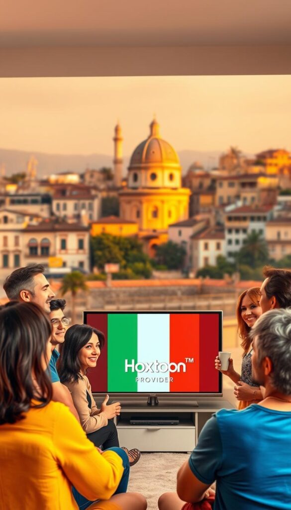 A vibrant and captivating scene of popular Italian TV programs, captured with a cinematic flair. In the foreground, a group of characters from beloved Italian sitcoms and dramas engage in lively conversations, their expressions and gestures conveying the animated energy of the programs. The middle ground features a sleek, modern television set displaying the Hoxtoon Provider logo, showcasing the high-quality streaming capabilities that allow viewers to access these captivating shows. In the background, a warm, golden-hued cityscape of iconic Italian architecture sets the stage, evocative of the rich cultural heritage that inspires these beloved television programs. Soft, diffused lighting creates a cozy, inviting atmosphere, drawing the viewer into the vibrant world of Italian television.