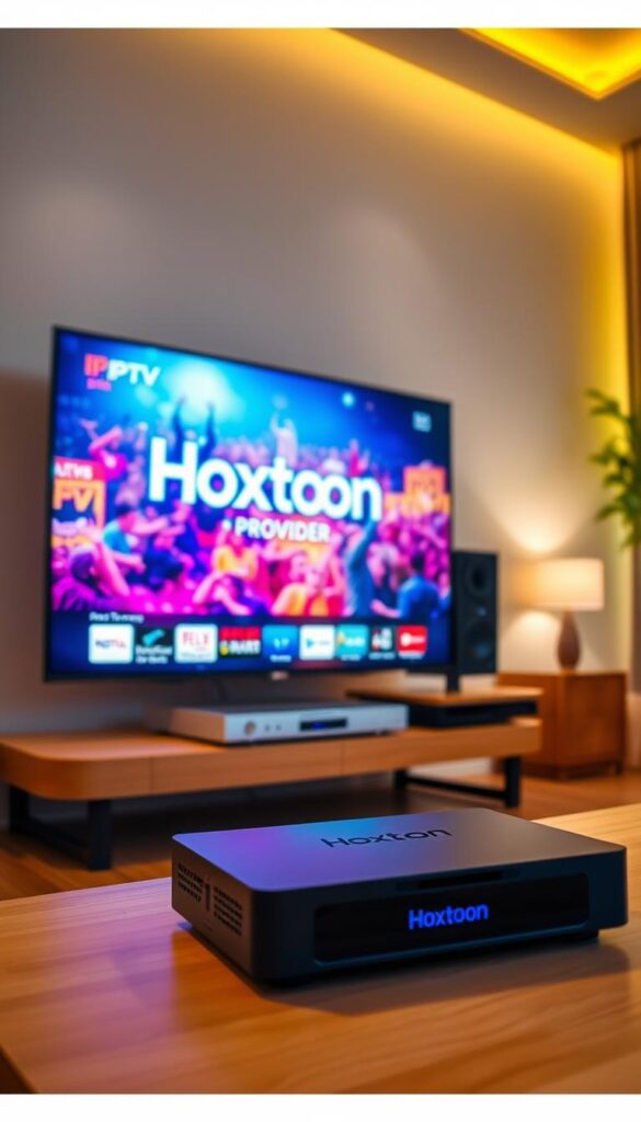 A vibrant and dynamic scene of IPTV streaming. In the foreground, a sleek, modern smart TV displays a colorful and immersive video feed, showcasing the Hoxtoon Provider brand prominently. The middle ground features a stylish, minimalist entertainment system, complete with a state-of-the-art streaming device and a high-quality audio setup. The background is bathed in a warm, ambient lighting, creating a cozy and inviting atmosphere. The overall scene conveys the convenience, accessibility, and entertainment value of IPTV streaming, capturing the essence of the growing popularity of this technology.