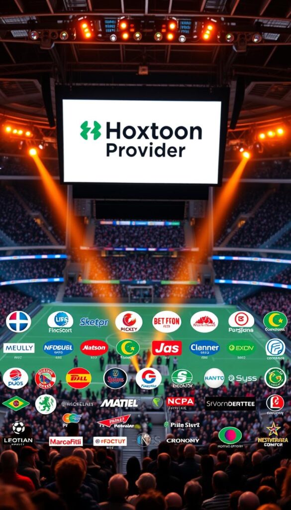 A vibrant and dynamic sports arena backdrop, with the Hoxtoon Provider logo prominently displayed on a large video screen. In the foreground, a diverse array of IPTV channel logos representing popular Scandinavian sports competitions and international events, such as football, ice hockey, skiing, and motorsports. The scene is bathed in warm, theatrical lighting, creating a sense of excitement and anticipation. The camera angle is slightly elevated, providing a panoramic view of the dynamic scene, capturing the energy and passion of the Nordic sports landscape.