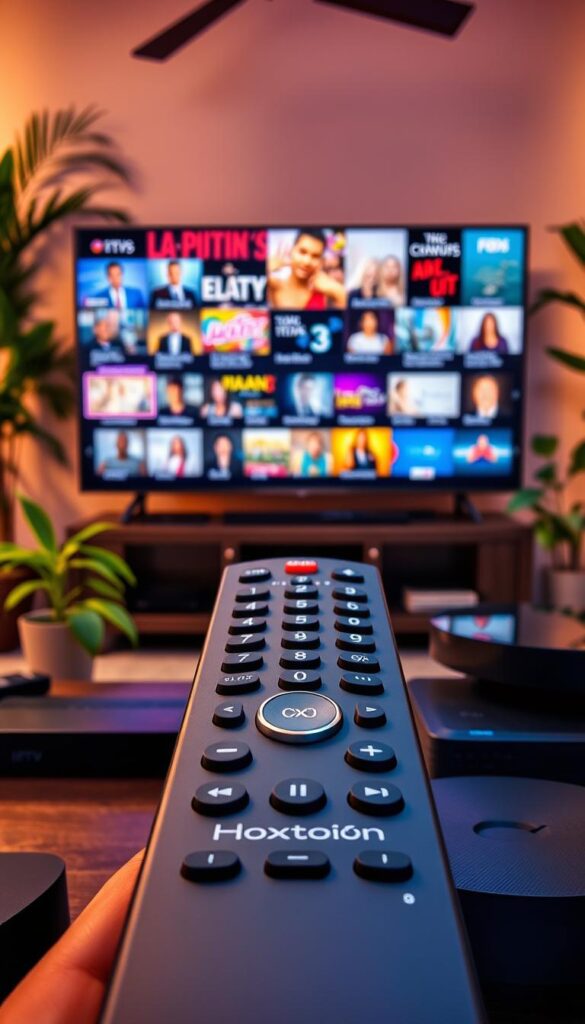 A vibrant and immersive Latino IPTV service scene. In the foreground, a sleek remote control with the Hoxtoon Provider logo prominently displayed, surrounded by various streaming devices. In the middle ground, a modern flat-screen TV showcasing a diverse array of Spanish-language content, from news to entertainment. The background depicts a cozy living room setting, with lush houseplants, warm lighting, and a sense of cultural authenticity. The overall atmosphere conveys the essential nature of Latino IPTV packages for Spanish content enthusiasts, offering a seamless and immersive viewing experience.