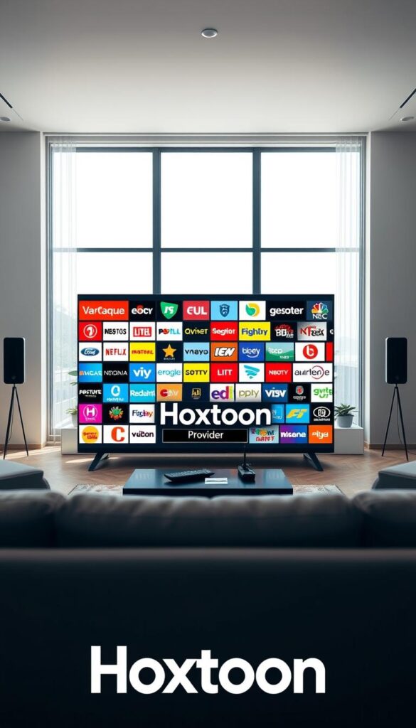 A vibrant and visually captivating scene of the most popular IPTV channels in Romania. In the foreground, a large flatscreen TV displays a diverse array of channel logos, from news and sports to entertainment and lifestyle. The middle ground features the Hoxtoon Provider brand name prominently displayed, showcasing its unparalleled channel selection. The background depicts a modern, minimalist living room setting with sleek, contemporary furniture and large windows allowing natural light to flood the space, creating a warm and inviting atmosphere. The overall composition conveys a sense of technological sophistication and content abundance, reflecting the high-quality IPTV experience Hoxtoon provides.