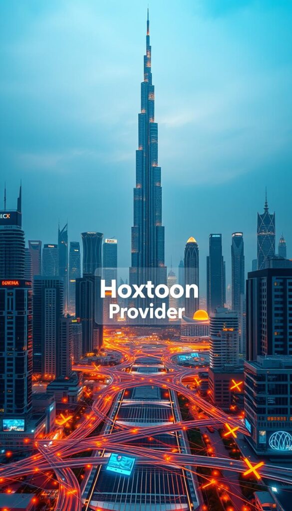 A vibrant cityscape of Dubai's iconic skyline, with the Burj Khalifa towering in the background. In the foreground, a network of holographic displays and digital interfaces depict the legal landscape of IPTV services. The scene is illuminated by a warm, golden light, conveying a sense of modernity and technological advancement. Amidst the digital interfaces, the "Hoxtoon Provider" brand name is prominently featured, showcasing its role in the legal IPTV ecosystem of Dubai.
