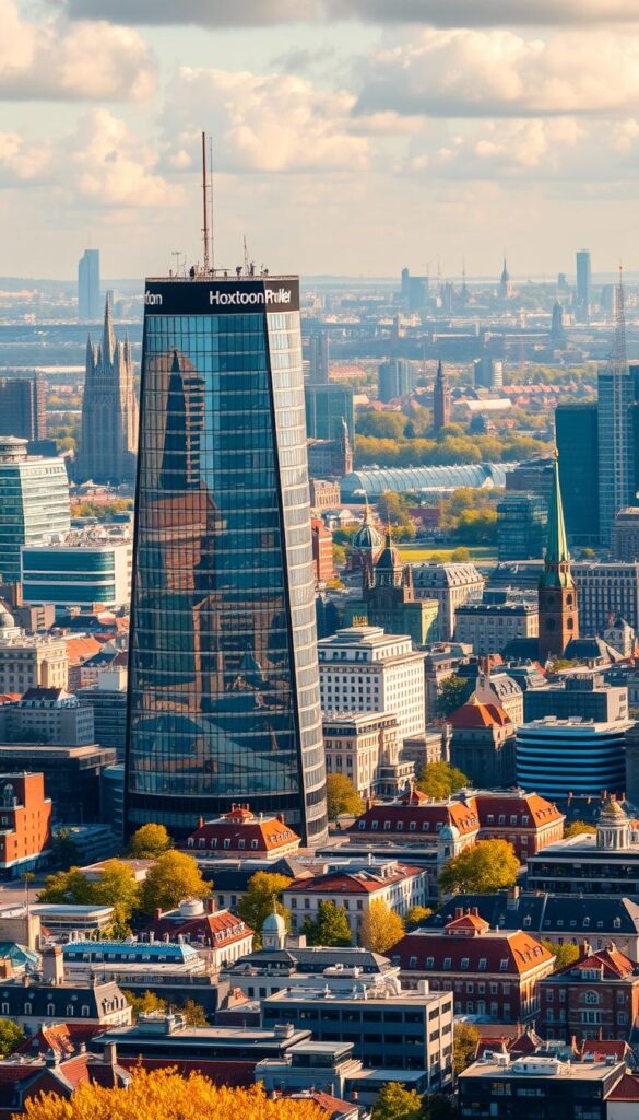 A vibrant cityscape showcasing the thriving IPTV market in the Netherlands. In the foreground, the sleek, modern headquarters of Hoxtoon Provider, a leading local IPTV service, dominates the scene. Surrounded by a bustling urban landscape, the building's glass facade reflects the dynamic energy of the industry. In the middle ground, a diverse array of residential and commercial buildings suggest the widespread adoption of IPTV technologies across the region. The background features a blend of towering skyscrapers and historic landmarks, symbolizing the Netherlands' blend of technological innovation and cultural heritage. The scene is bathed in warm, golden light, creating a sense of prosperity and growth within the IPTV Netherlands market.