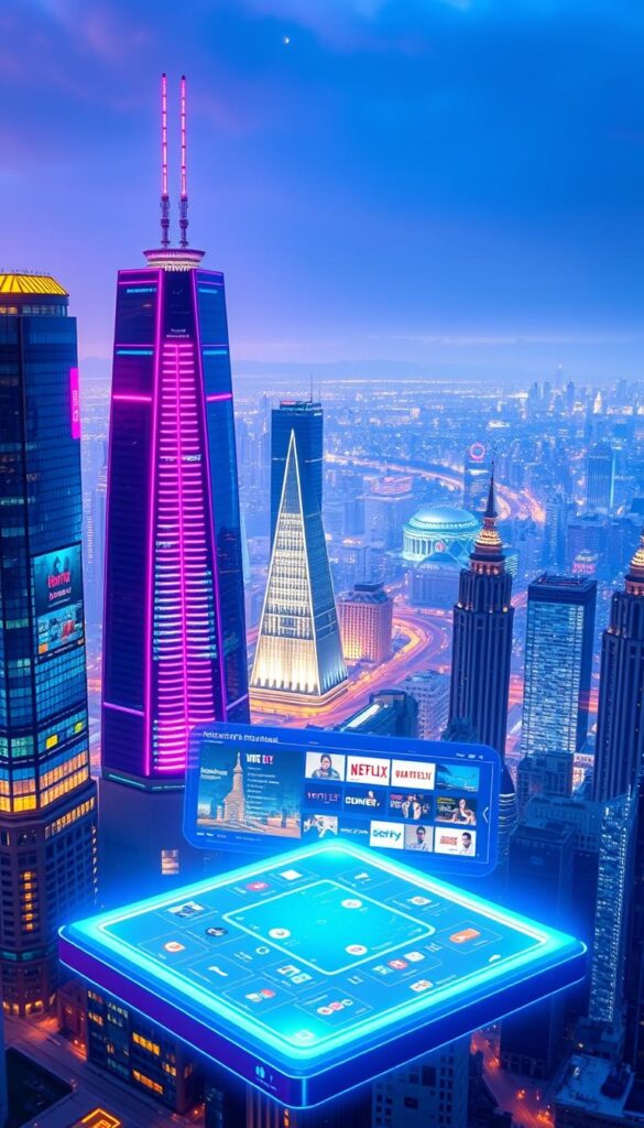 A vibrant, futuristic cityscape showcasing the Hoxtoon Provider IPTV service in Canada. In the foreground, a sleek, holographic interface displays a variety of content options, bathed in a soft, blue-hued lighting. The middle ground features towering skyscrapers with dynamic, neon-lit facades, reflecting the cutting-edge technology of the IPTV service. In the background, a sprawling metropolis stretches out, hinting at the vast potential of the Canadian IPTV market. The scene conveys a sense of innovation, connectivity, and the seamless integration of entertainment and technology, capturing the essence of the future of IPTV services for Canadian viewers.