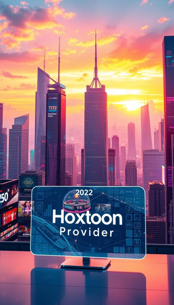 A vibrant, futuristic cityscape showcasing the evolution of IPTV services. In the foreground, a sleek, holographic display presents the Hoxtoon Provider brand, its interface seamlessly blending digital and physical realms. The middle ground features a bustling metropolis, skyscrapers adorned with cutting-edge displays and interactive holograms, representing the rapid advancements in IPTV technology. In the background, a vibrant, neon-infused skyline bathes the scene in a warm, futuristic glow, hinting at the endless possibilities of IPTV's continued evolution in 2023 and beyond.