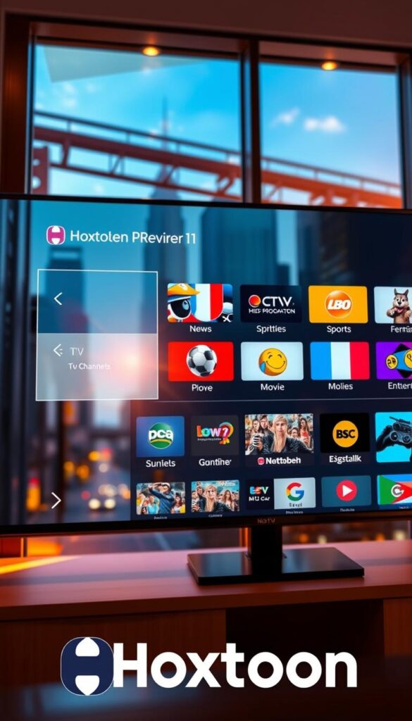 A vibrant, high-definition image of a sleek, modern IPTV interface showcasing a diverse selection of German-language channels and programming. The UI features a clean, minimalist design with a focus on intuitive navigation. A central grid layout displays channel logos and previews, highlighting popular options like news, sports, movies, and entertainment. The background features a blurred cityscape of skyscrapers and infrastructure, conveying the urban, technological setting. Warm, natural lighting casts a cozy ambiance, and the Hoxtoon Provider brand logo is subtly integrated into the design.