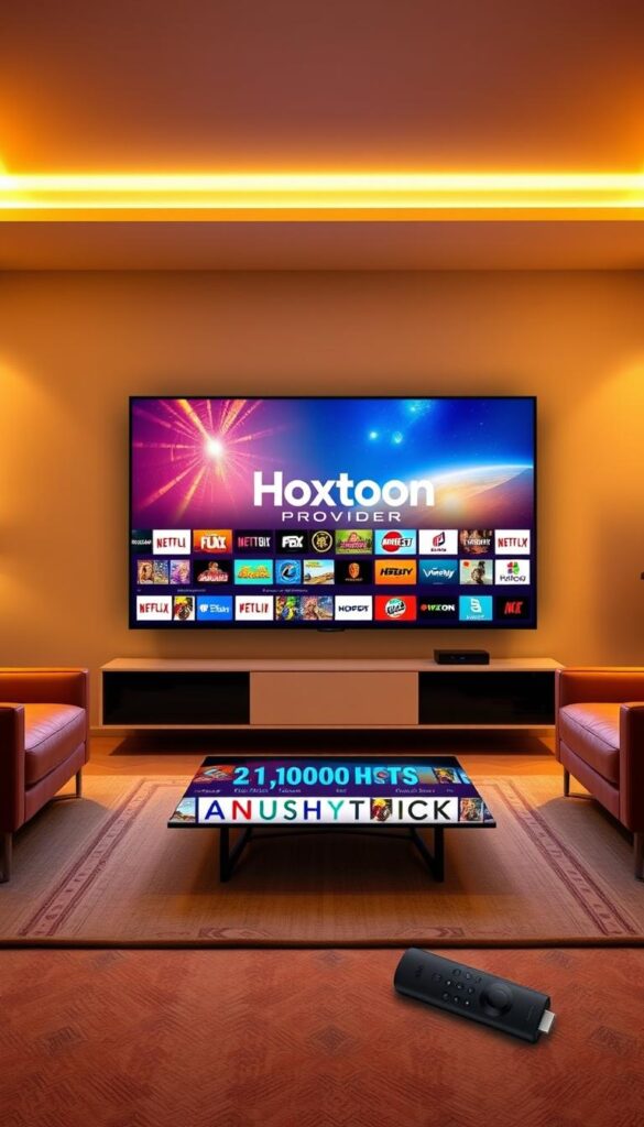 A vibrant, high-resolution image of a sleek, modern living room with a large 4K television screen prominently displayed. The screen showcases the Hoxtoon Provider brand logo and an expansive, visually stunning content library with over 21,000 channels spanning a wide range of genres and categories. The room is bathed in warm, diffused lighting, creating a cozy and inviting atmosphere. The furniture is stylish and minimalist, allowing the television screen to take center stage. The overall composition conveys a sense of quality, reliability, and the vast entertainment options available through the Hoxtoon IPTV service on a Firestick device.