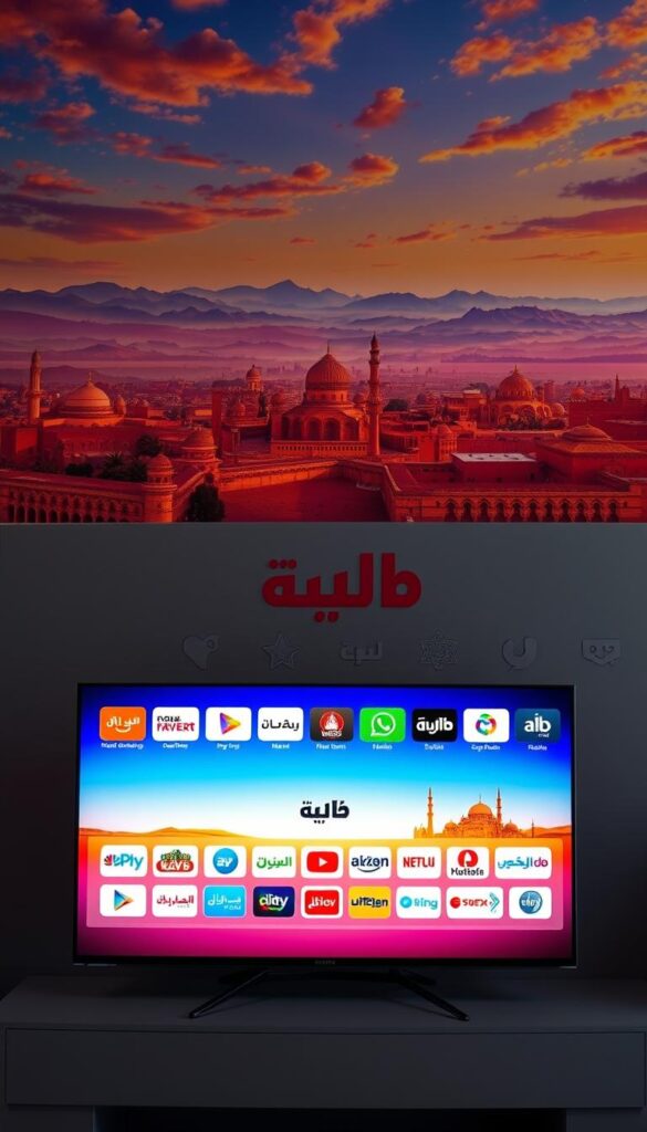 A vibrant panorama of the Hoxtoon Provider's popular Arabic TV channels, showcasing a diverse array of programming against a backdrop of rich cultural imagery. In the foreground, a sleek, modern television display presents a curated selection of channel logos, each emanating a warm, ambient glow. The middle ground features stylized icons and symbols representing the breadth of content, from news and documentaries to sports and entertainment. In the distance, a sweeping, impressionistic landscape evokes the vibrant spirit of the Arab world, with elegant calligraphic motifs and subtle architectural details. The overall scene conveys a sense of accessibility, quality, and the joy of discovering the best of Arabic television.