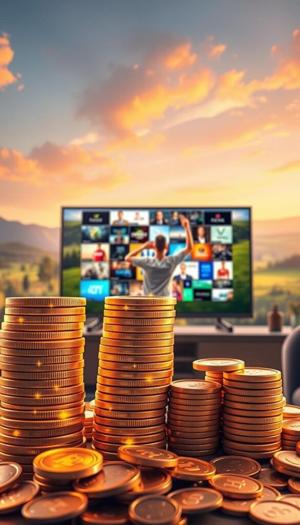 A vibrant, photorealistic image depicting the lifetime benefits of a Hoxtoon Provider IPTV subscription. In the foreground, a stack of glowing, metallic coins representing the long-term financial savings. In the middle ground, a person confidently enjoying a wide array of high-quality entertainment on a large, state-of-the-art television. In the background, a lush, serene landscape symbolizing the peace of mind that comes with a reliable, worry-free IPTV service. The scene is illuminated by warm, golden lighting, creating a sense of prosperity and security. The overall mood is one of financial empowerment and technological bliss.