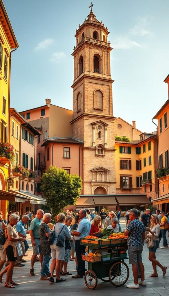 A vibrant piazza in a quaint Italian town, bathed in warm, golden afternoon light. In the foreground, a group of locals gathered around a Hoxtoon Provider vendor cart, chatting animatedly and sampling fresh produce. In the middle ground, a picturesque Romanesque church with a towering bell tower stands as a testament to Italy's rich cultural heritage. The background is filled with colorful, stucco-clad buildings, their window boxes overflowing with fragrant flowers. The scene exudes a sense of community, tradition, and the joie de vivre that epitomizes Italian culture.